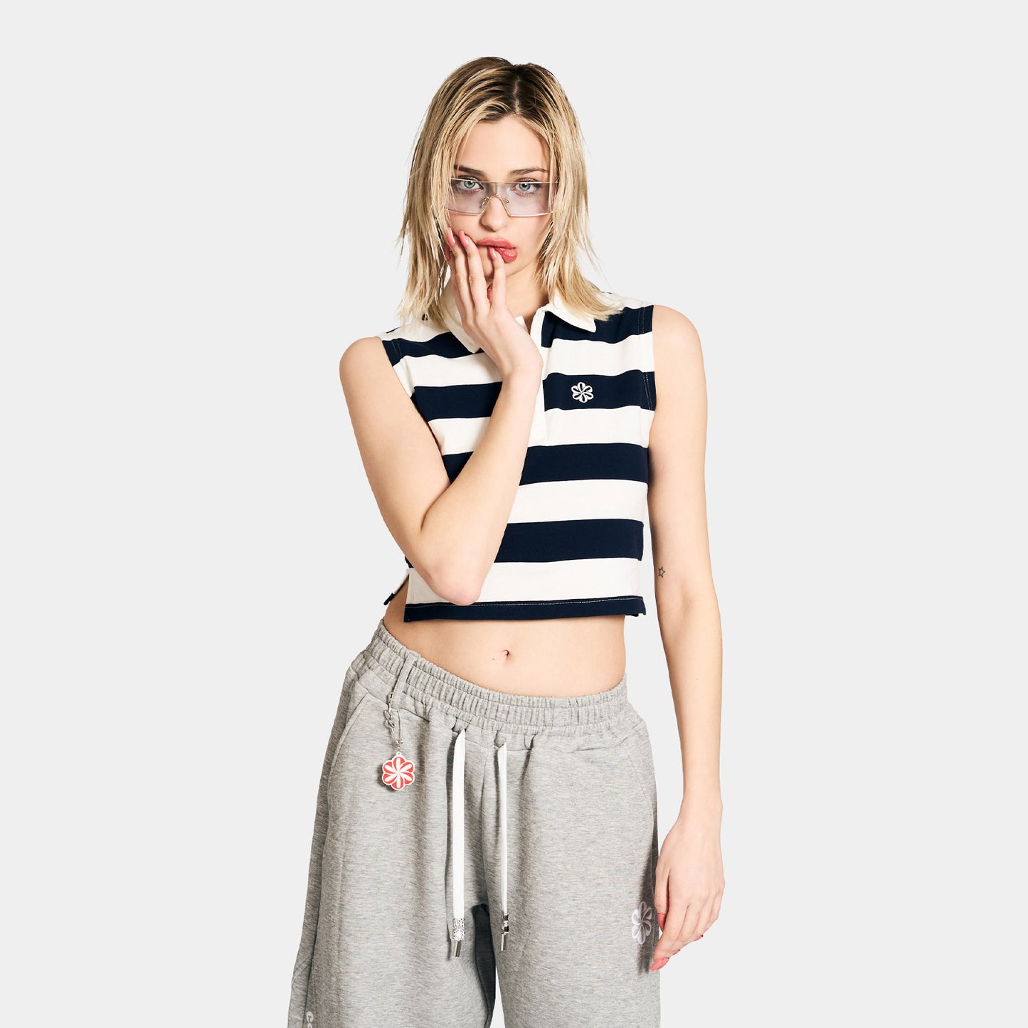 SLEEVELESS CROPPED POLO SHIRT -NAVY-