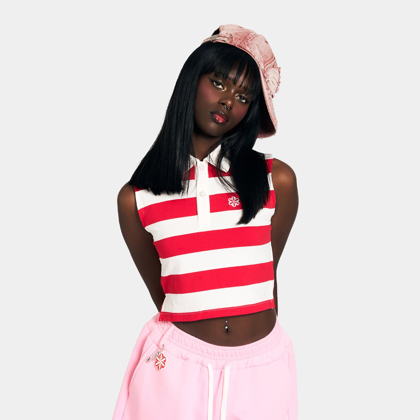 SLEEVELESS CROPPED POLO SHIRT -RED-