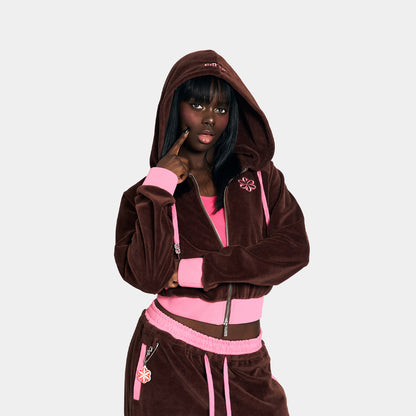 2 TONE PILE ZIP HOODIE -BROWN-