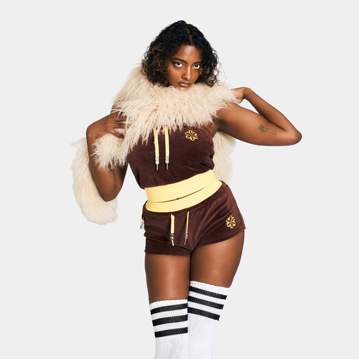 2 TONE PILE SHORTS -BROWN-