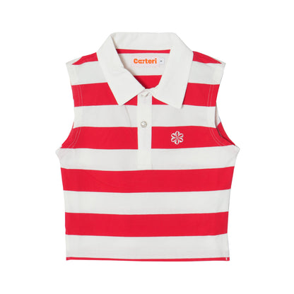 SLEEVELESS CROPPED POLO SHIRT -RED-