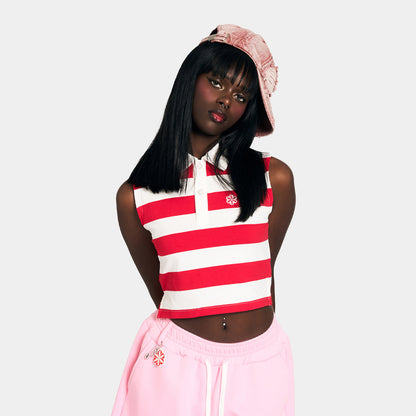 SLEEVELESS CROPPED POLO SHIRT -RED-