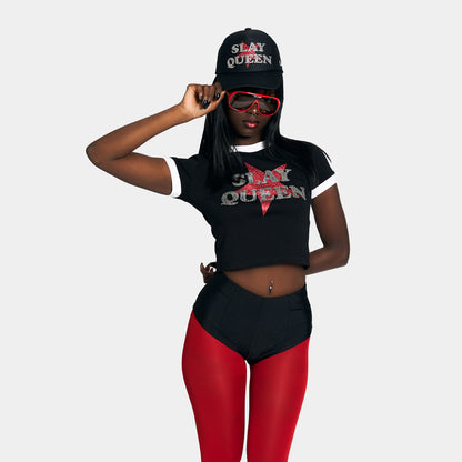 SLAY QUEEN RINGER T-SHIRT -BLACK-